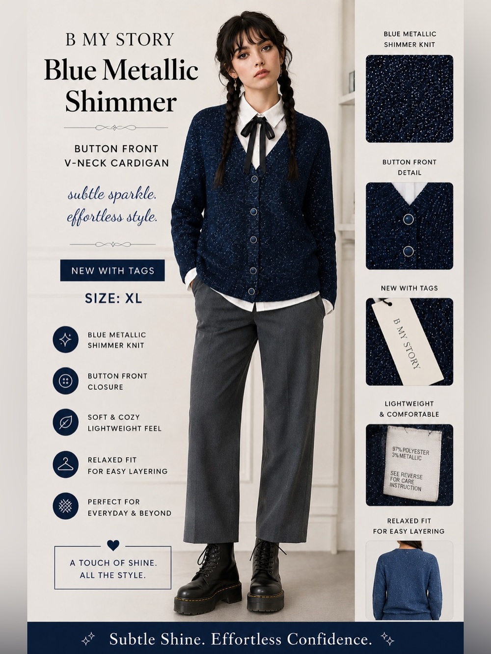 B My Story Midnight Blue Shimmer Cardigan New With Tags XL Academia Dark